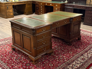 Bureau vintage, bureau double, bureau anglais classique, chêne, cuir vert, 687