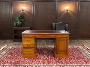 Vintage bureau, klassiek Engels bureau, mahoniehout, rood leer, 628