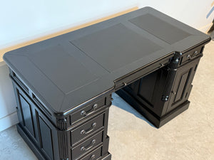 Vintage bureau, zwart, klassiek Engels bureau, mahoniehout, zwart leer, 703