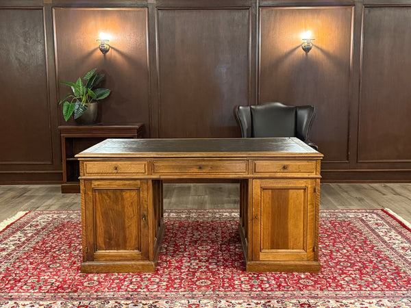 Vintage bureau, Antiek Engels bureau, eikenhout, groen leer, 661