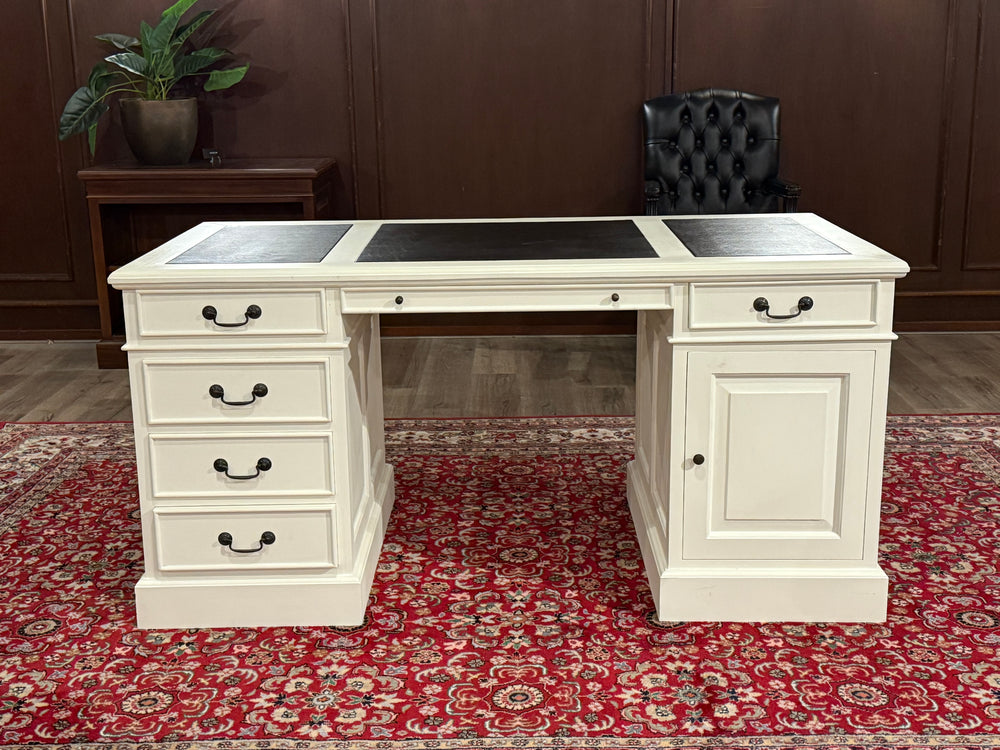 Vintage bureau, wit, klassiek Engels bureau, mahoniehout, zwart leer,585