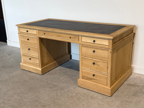Vintage bureau, klassiek Engels bureau, eikenhout, bruin leer
