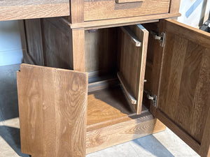 Vintage bureau, partnerdesk, klassiek Engels bureau, eikenhout, zwart leer, 698