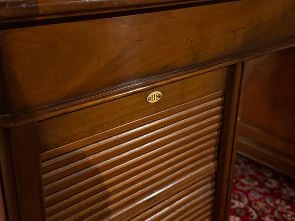 Bureau vintage, bureau anglais classique, acajou, cuir bleu, 690