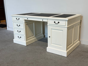 Vintage bureau, wit, klassiek Engels bureau, mahoniehout, zwart leer, 704