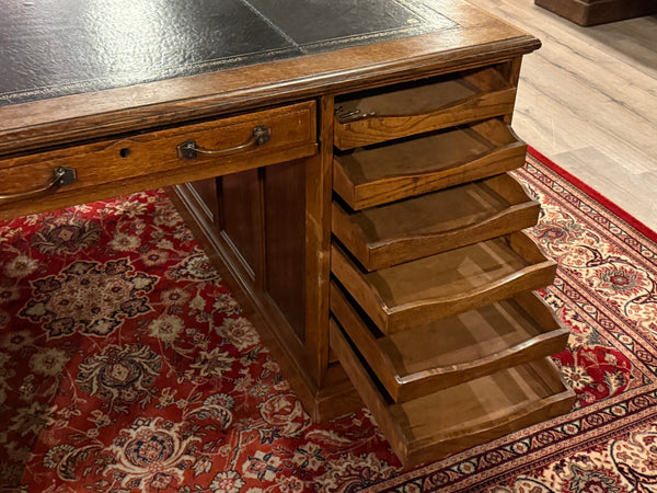 Antique Desk (partner desk) 410 - Classic English desk, Dark blue leather, Brass handles, light oak wood, ca. 1920s