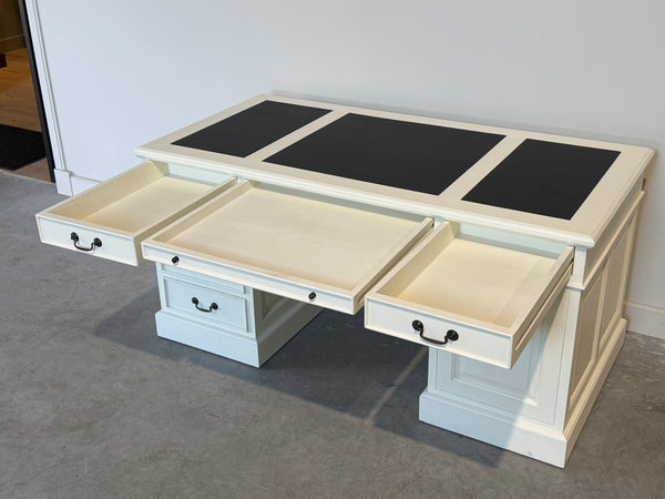 Vintage bureau, wit, klassiek Engels bureau, mahoniehout, zwart leer, 704