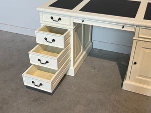 Vintage bureau, wit, klassiek Engels bureau, mahoniehout, zwart leer, 704