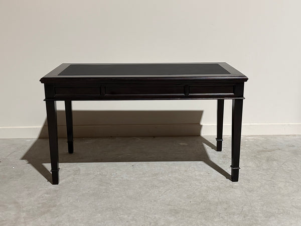 Vintage schrijftafel, klassiek Engels bureau, mahoniehout, zwart leer, 713