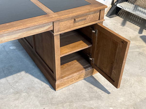 Vintage bureau, partnerdesk, klassiek Engels bureau, eikenhout, zwart leer, 698