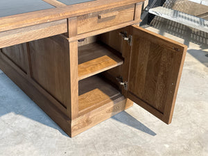 Vintage bureau, partnerdesk, klassiek Engels bureau, eikenhout, zwart leer, 698