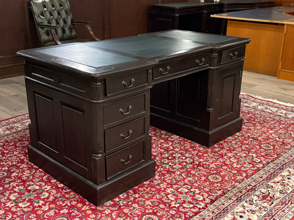 Bureau vintage, bureau anglais classique, bureau double, acajou, cuir vert, 688