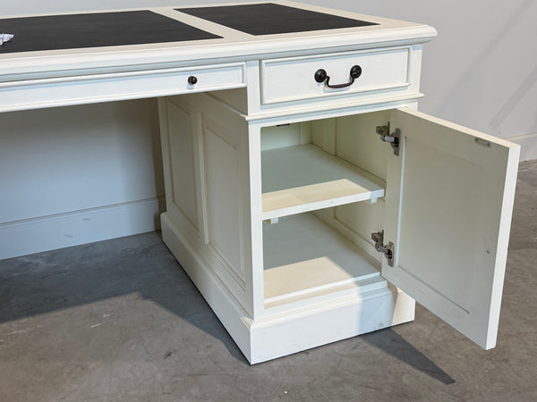 Vintage bureau, wit, klassiek Engels bureau, mahoniehout, zwart leer, 704