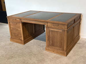 Vintage bureau, partnerdesk, klassiek Engels bureau, eikenhout, zwart leer, 698