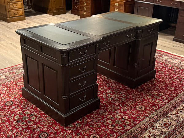 Bureau vintage, bureau anglais classique, bureau double, acajou, cuir vert, 688