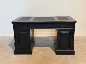 Vintage bureau, zwart, klassiek Engels bureau, mahoniehout, zwart leer, 703