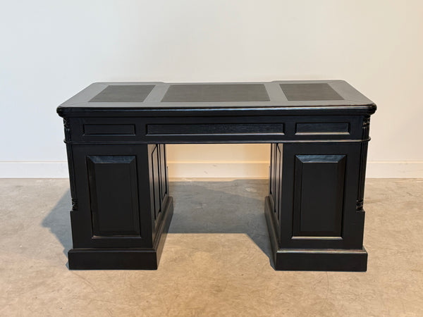 Vintage bureau, zwart, klassiek Engels bureau, mahoniehout, zwart leer, 703