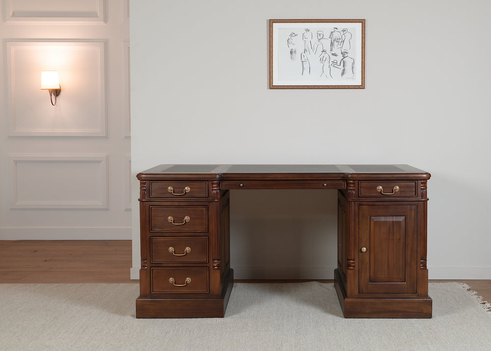 Säule 160x80 Nussbaum, klassischer englischer Schreibtisch, massives Mahagoni