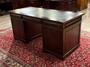 Vintage bureau, klassiek Engels bureau, teakhout, bruin leer, 660