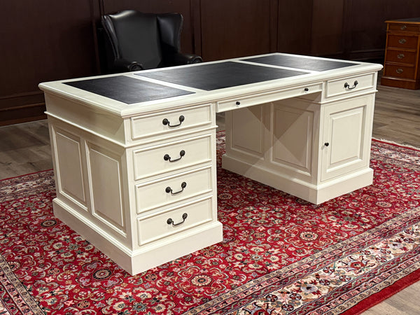 Vintage bureau, wit, klassiek Engels bureau, mahoniehout , zwart leer, 610