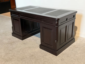 Vintage bureau, donker kers, klassiek Engels bureau, mahoniehout, zwart leer, 705
