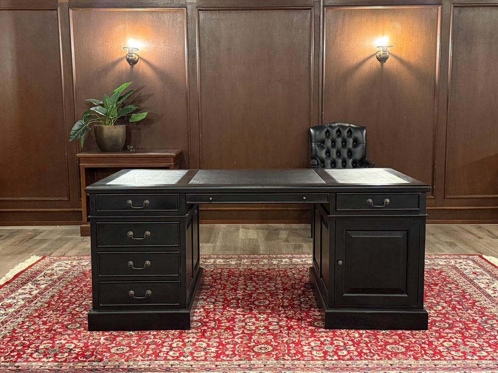 Vintage bureau, zwart, klassiek Engels bureau, mahoniehout, zwart leer, 588