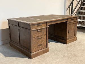 Vintage bureau, partnerdesk, eikenhout, bruin leer,