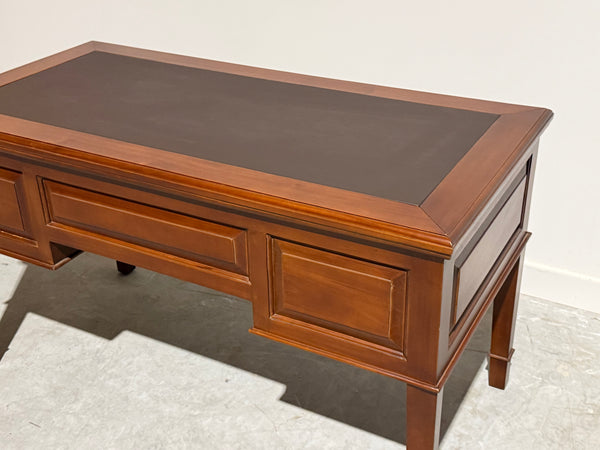 Vintage schrijftafel, klassiek Engels bureau, mahoniehout, bruin leer, 711