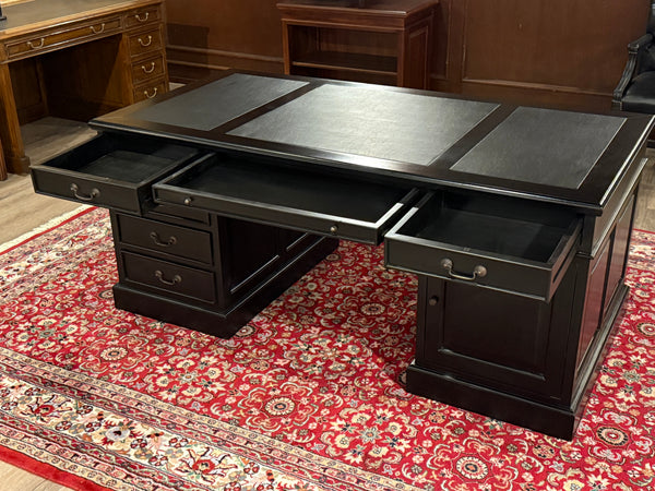 Vintage bureau, zwart, klassiek Engels bureau, mahoniehout, zwart leer, 588