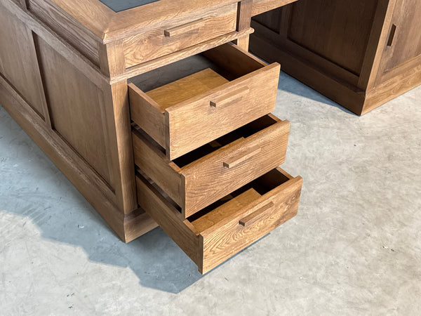 Vintage bureau, partnerdesk, klassiek Engels bureau, eikenhout, zwart leer, 698