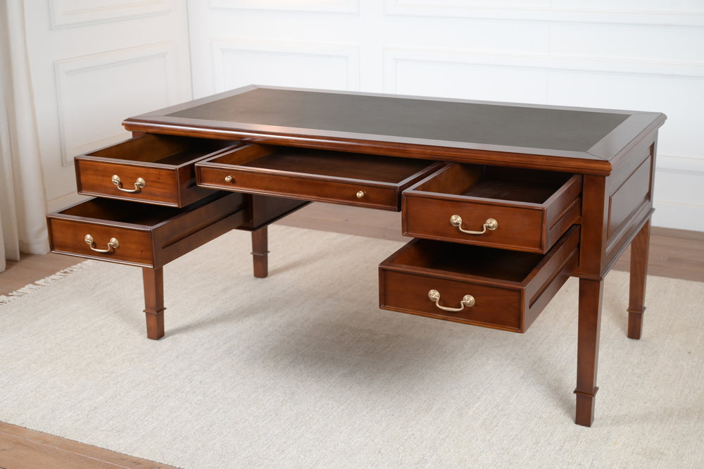 York Grande 160x80 Cedar - bureau anglais classique - acajou - cuir vert