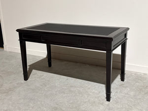Vintage schrijftafel, klassiek Engels bureau, mahoniehout, zwart leer, 713