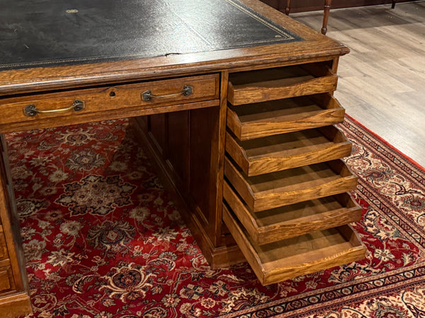 Antique Desk (partner desk) 410 - Classic English desk, Dark blue leather, Brass handles, light oak wood, ca. 1920s