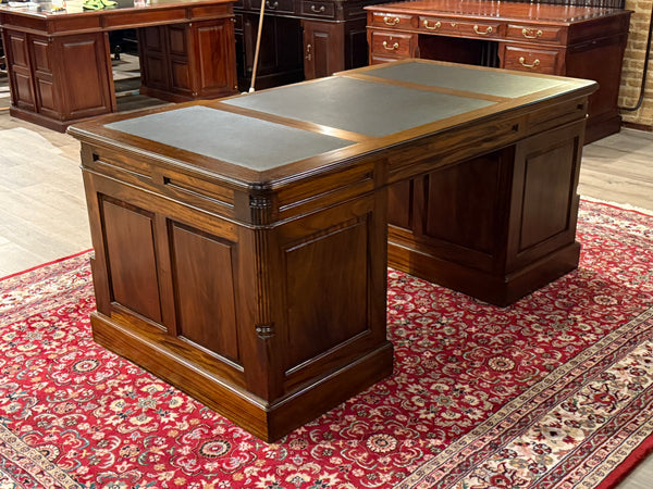 Vintage bureau, klassiek Engels bureau, mahoniehout, zwart leer, 658