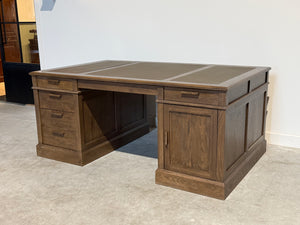 Vintage bureau, partnerdesk, eikenhout, bruin leer,