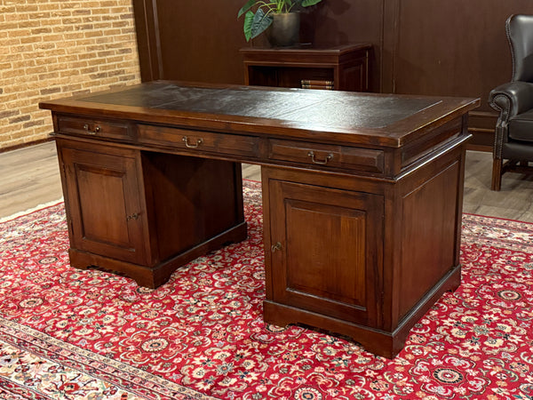 Vintage bureau, klassiek Engels bureau, teakhout, bruin leer, 660