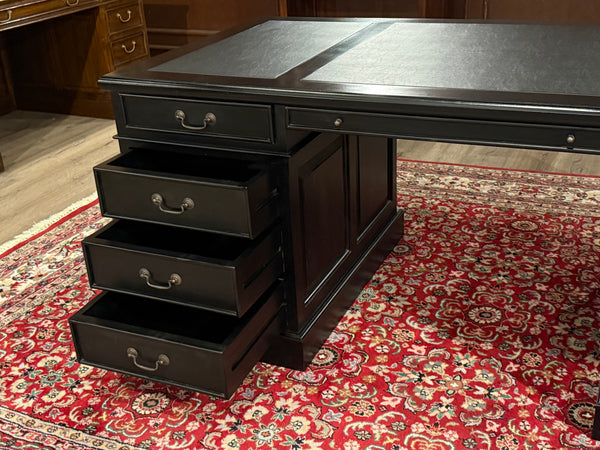 Vintage bureau, zwart, klassiek Engels bureau, mahoniehout, zwart leer, 588