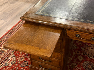 Antique Desk (partner desk) 410 - Classic English desk, Dark blue leather, Brass handles, light oak wood, ca. 1920s