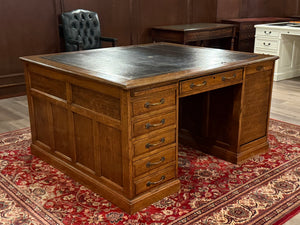Antique Desk (partner desk) 410 - Classic English desk, Dark blue leather, Brass handles, light oak wood, ca. 1920s