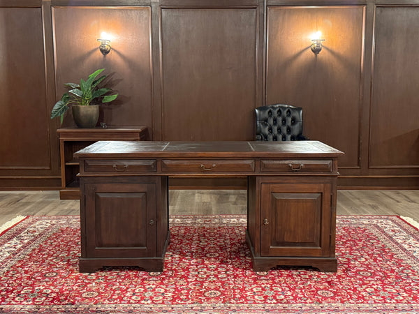 Vintage bureau, klassiek Engels bureau, teakhout, bruin leer, 589