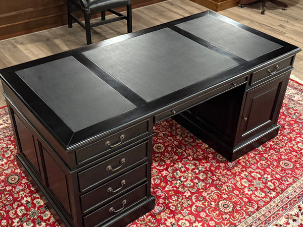 Vintage bureau, zwart, klassiek Engels bureau, mahoniehout, zwart leer, 588