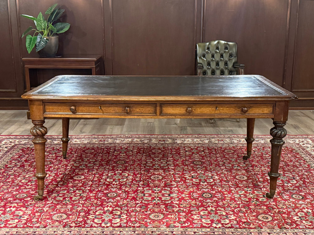 Bureau vintage, bureau anglais ancien, chêne, cuir vert, 686