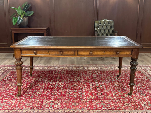 Bureau vintage, bureau anglais ancien, chêne, cuir vert, 686