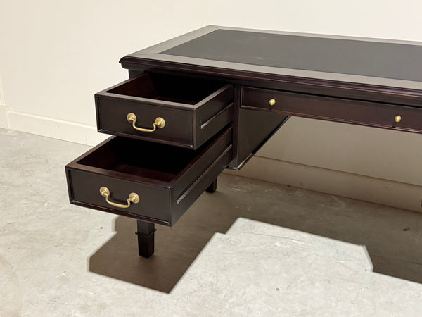 Vintage schrijftafel, klassiek Engels bureau, mahoniehout, zwart leer, 712