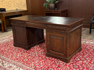 Vintage bureau, klassiek Engels bureau, teakhout, bruin leer, 589