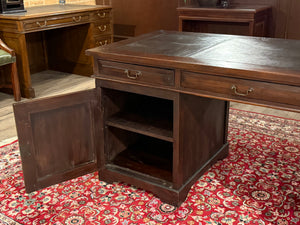 Vintage bureau, klassiek Engels bureau, teakhout, bruin leer, 589