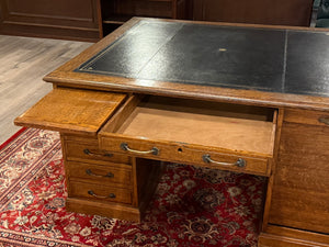 Antique Desk (partner desk) 410 - Classic English desk, Dark blue leather, Brass handles, light oak wood, ca. 1920s
