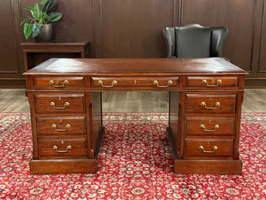 Bureau vintage, bureau anglais classique, bois de cerisier, cuir orange, 654