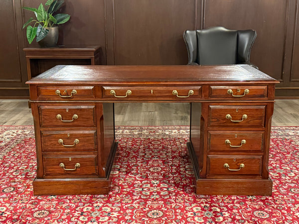 Bureau vintage, bureau anglais classique, bois de cerisier, cuir orange, 654