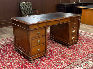 Bureau vintage, bureau anglais classique, acajou, cuir bleu, 690